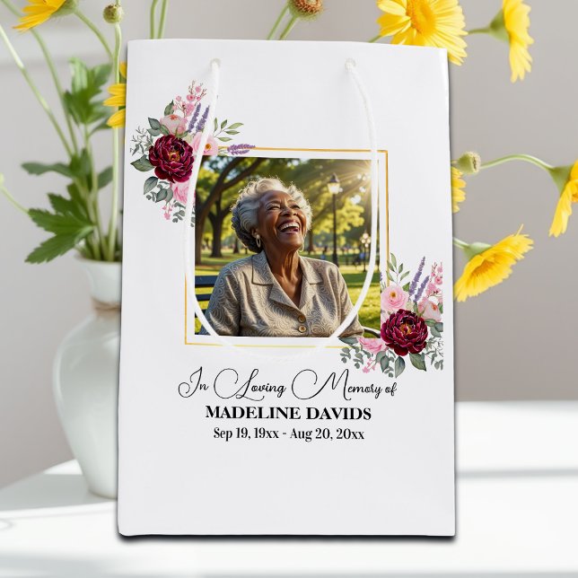 Sacola Para Presentes Média Elegant Peonies Photo Funeral Keepsake (Criador carregado)