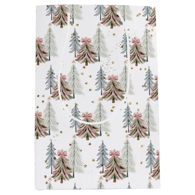 Sacola Para Presentes Média Elegant Pink and Green Brushstroke Christmas (Frente)