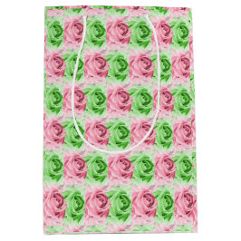 Sacola Para Presentes Média Elegant Pink & Green Rose Gift Bag