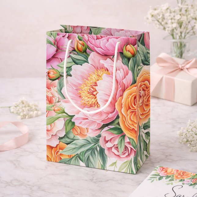 Sacola Para Presentes Média Elegant Pink Peonies Floral Gift Bag | Feminine (Criador carregado)