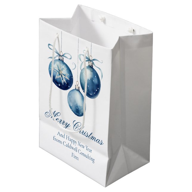 Sacola Para Presentes Média Elegante Azul Feliz Natal Empresa Personalizada (Frente inclinada)