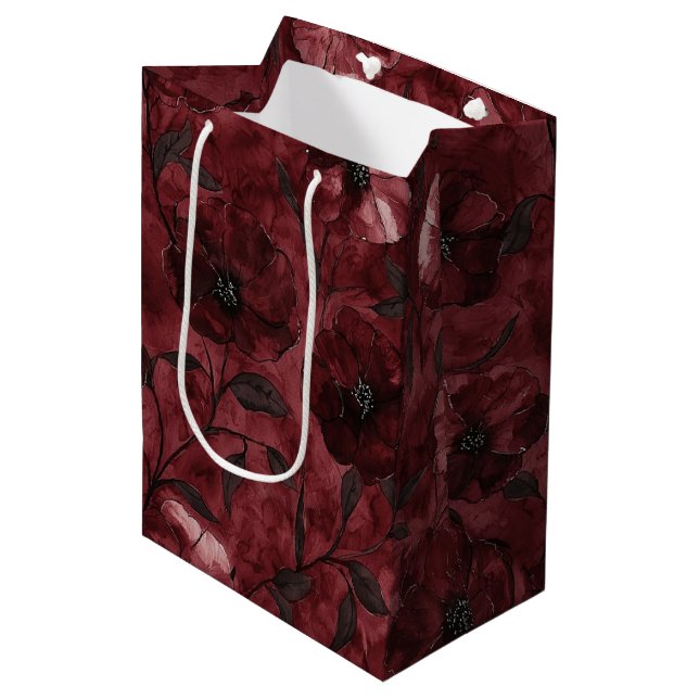 Sacola Para Presentes Média Elegante Chuveiro de Noiva Floral Vermelho Borgonh (Frente inclinada)