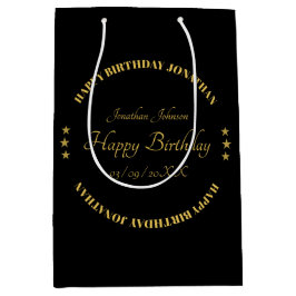Sacola Para Presentes Média Elegante Dourado Nome Feliz Aniversário Gift Bag
