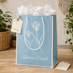 Sacola Para Presentes Média Elegante Flor Simples Azul Poeirento