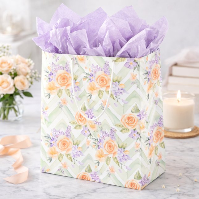 Sacola Para Presentes Média Elegante Floral Chevron Água-Marinha Violeta Verde (Criador carregado)