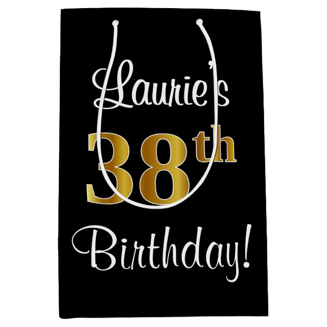 Sacola Para Presentes Média Elegante, Luxuoso, Faux Dourado, 38º aniversário (Frente)