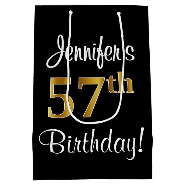 Sacola Para Presentes Média Elegante, Luxuoso, Faux Dourado, 57º Aniversário (Verso)