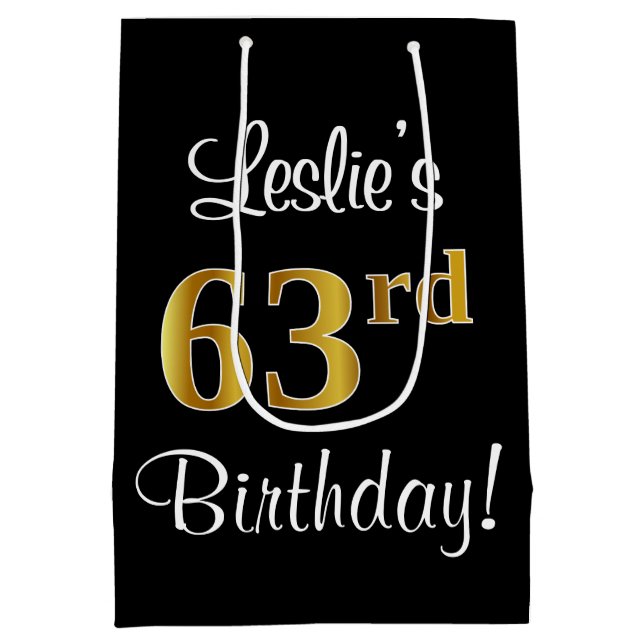 Sacola Para Presentes Média Elegante, Luxuoso, Faux Dourado, 63º Aniversário (Verso)