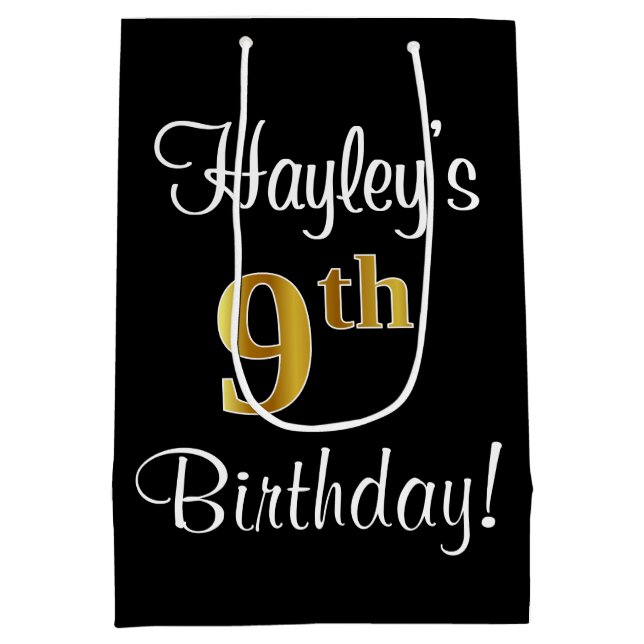 Sacola Para Presentes Média Elegante, Luxuoso, Faux Dourado, 9º aniversário (Verso)