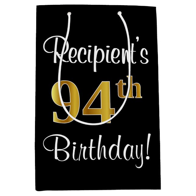 Sacola Para Presentes Média Elegante, Luxuoso, Faux Dourado, 94º aniversário (Frente)