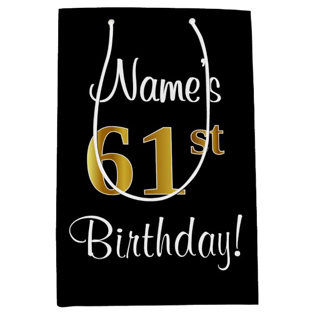 Sacola Para Presentes Média Elegante, Luxuoso, Faux Dourado Aniversário 61 rua (Frente)