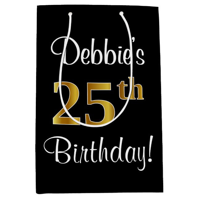 Sacola Para Presentes Média Elegante, Luxuoso, Faux Dourado Olha 25 Aniversári (Frente)