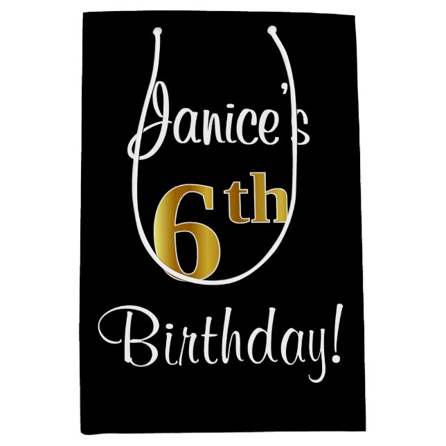 Sacola Para Presentes Média Elegante, Luxuoso, Faux Dourado Olha 6 Aniversário (Frente)