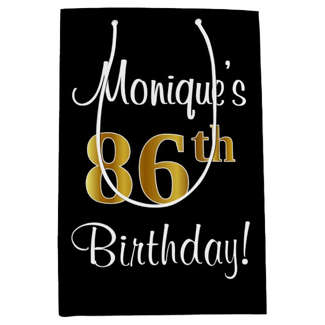 Sacola Para Presentes Média Elegante, Luxuoso, Faux Dourado Olha 86º aniversár (Frente)