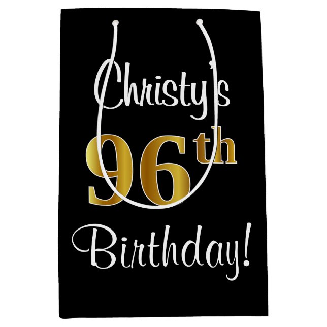 Sacola Para Presentes Média Elegante, Luxuoso, Faux Dourado Olha 96º aniversár (Frente)