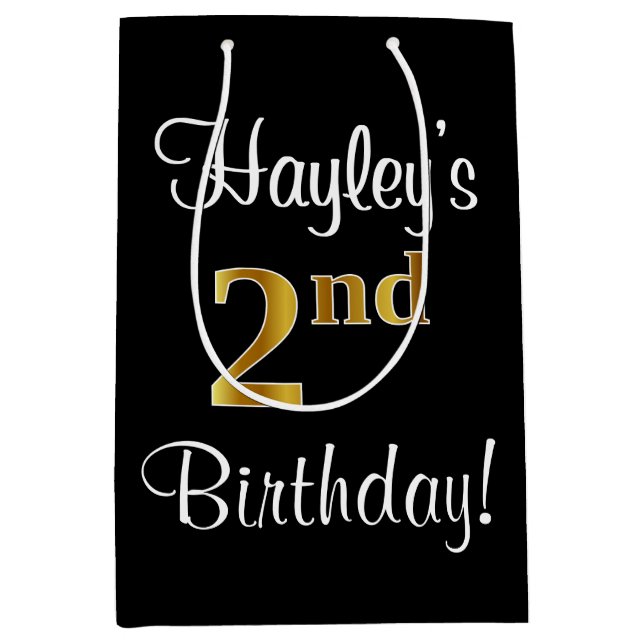 Sacola Para Presentes Média Elegante, Luxuoso, Faux Dourado segundo aniversári (Frente)