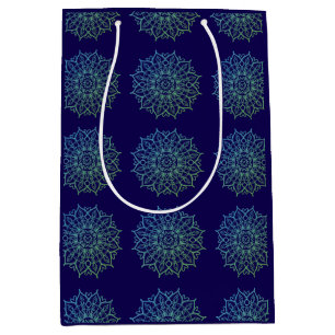 Sacola Para Presentes Média Elegante Mandala Azul Marinho Verde de Aniversário