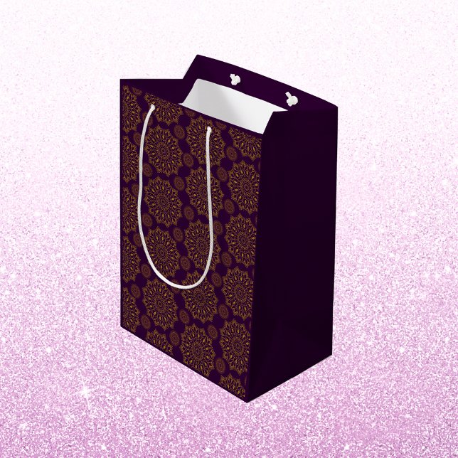 Sacola Para Presentes Média Elegante mandala padrão dourado roxo (Criador carregado)