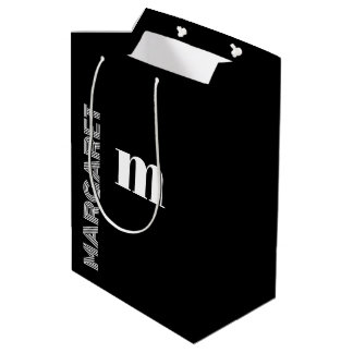 Sacola Para Presentes Média Elegante nome inicial personalizado preto e branco