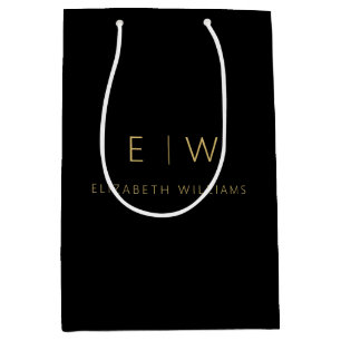 Sacola Para Presentes Média Elegante Nome Monograma Minimalista Dourado Preto
