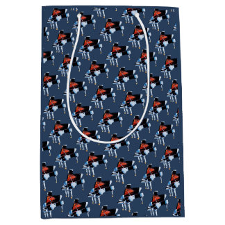 Sacola Para Presentes Média Elegante padrão de piano azul cinza em aquarela pe