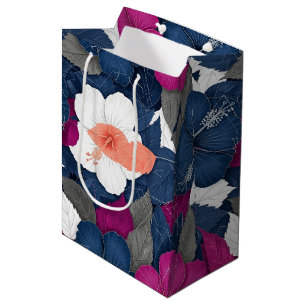 Sacola Para Presentes Média Elegante padrão floral de hibisco azul (2)