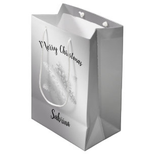 Sacola Para Presentes Média Elegante prata moderna Floco de neve Feliz Natal