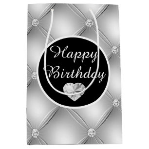 Sacola Para Presentes Média Elegante Preto e Prata Diamante Tufted Aniversário