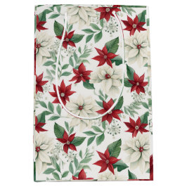Sacola Para Presentes Média Elegante Red and Green Poinsettia Holiday Bag