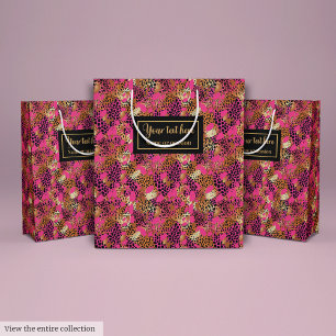Sacola Para Presentes Média Elegante rosa quente dourado preto leopardo aquare