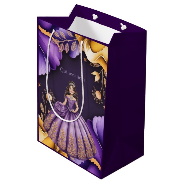 Sacola Para Presentes Média Elegante Roxo Quinceañera Girl Art (Verso inclinado)