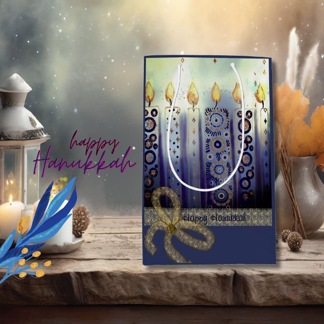 Sacola Para Presentes Média Elegante Velas Feliz Hanukkah (Elegant Candles Happy Hanukkah Medium Gift Bag)