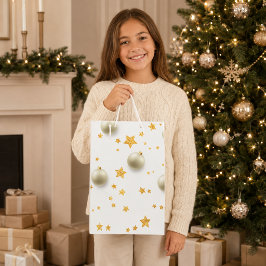 Sacola Para Presentes Média Elegantes Estrelas Douradas e Enfeites de Natal