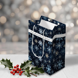 Sacola Para Presentes Média Elegantes Flocos de Neve Azuis Vintage Feriado