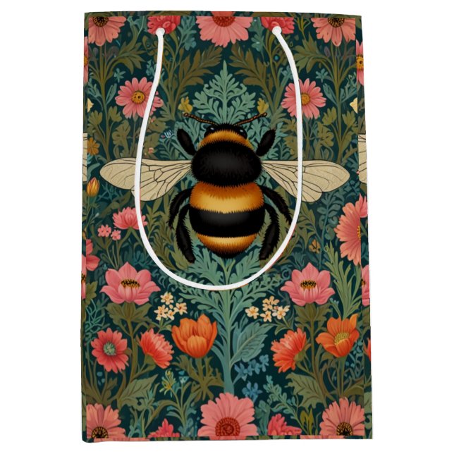 Sacola Para Presentes Média Elegantes flores boho retro de abelha primavera  (Frente)