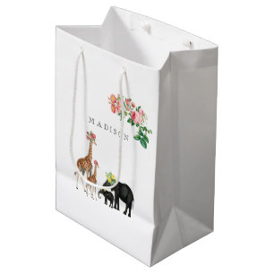Sacola Para Presentes Média Elephant & Giraffe Floral Nome Personalizado