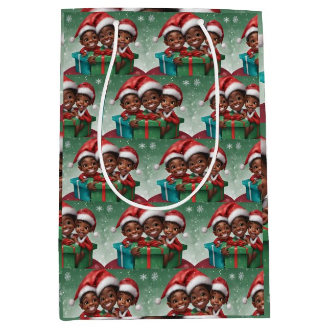 Sacola Para Presentes Média Elf de Natal Afro-Americano (Frente)
