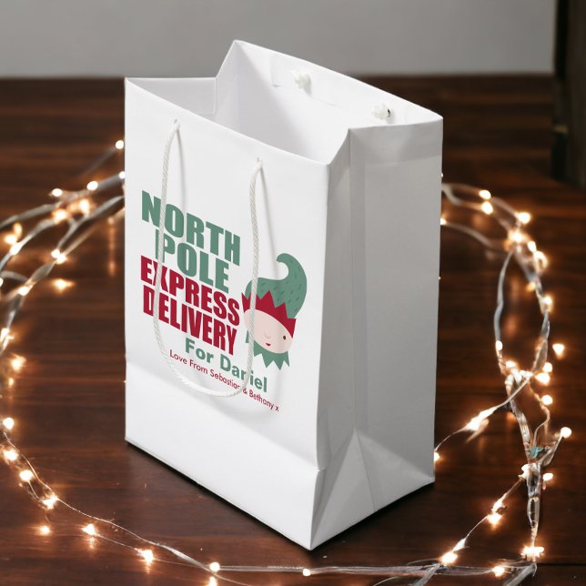 Sacola Para Presentes Média Elf North Pole Express Delivery Personalizado (North Pole Express Delivery Personalized Elf Gift Bag from Ricaso)