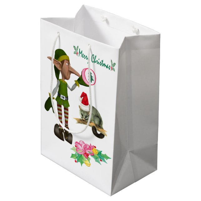 Sacola Para Presentes Média Elf Possum Bagagens de presente de Natal Feliz (Verso inclinado)