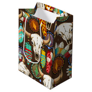 Sacola Para Presentes Média Emblema Nativo Americano de Crânio de Búfalo