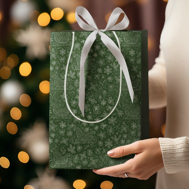 Sacola Para Presentes Média Emerald Green Doodle Natal Sleigh Patterno (Criador carregado)