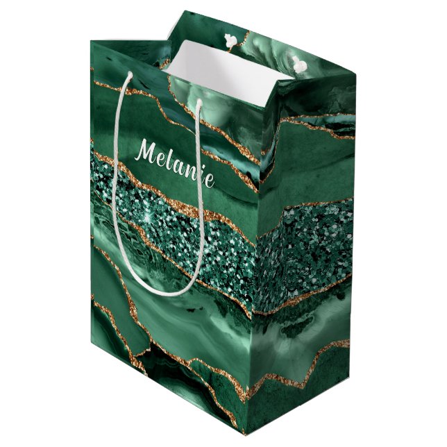 Sacola Para Presentes Média Emerald Green - Dourado Glitter Bag Gift - Nome Pe (Verso inclinado)