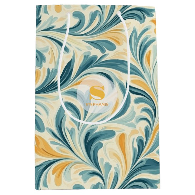 Sacola Para Presentes Média Emerald Green e Dourada Paisley Leaf Pattern (Frente)