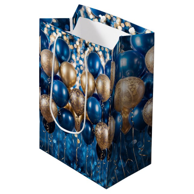 Sacola Para Presentes Média Enchendo papel azul e Dourado para moldagem de pre (Frente inclinada)