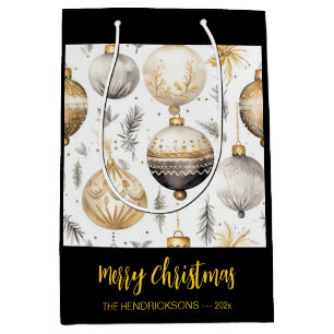 Sacola Para Presentes Média Enfeites de natal Pretos de Prata Dourados com Sac