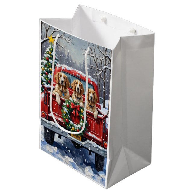 Sacola Para Presentes Média English Setter Christmas Red Truck Holiday (Frente inclinada)