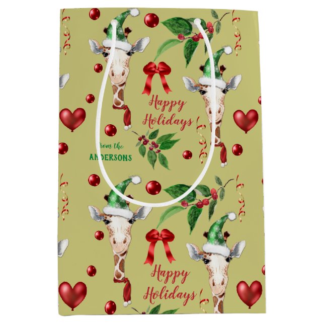 Sacola Para Presentes Média Engraçado Giraffe Santa Hat Holly Natal (Frente)