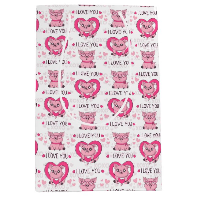 Sacola Para Presentes Média Engraçado Pig Love Pun (Frente)