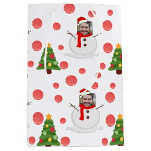 Sacola Para Presentes Média Engraçado Snowman White Red Green Foto Face Xmas