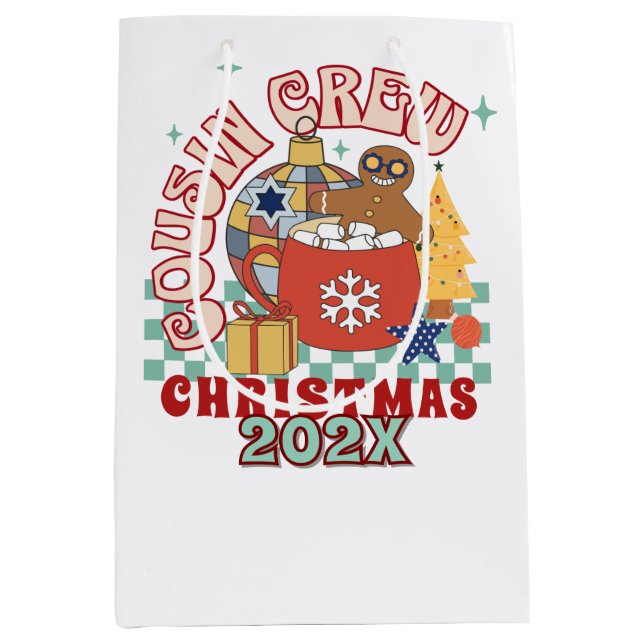Sacola Para Presentes Média Equipe de Natal de primos retrô combinando para cr (Frente)